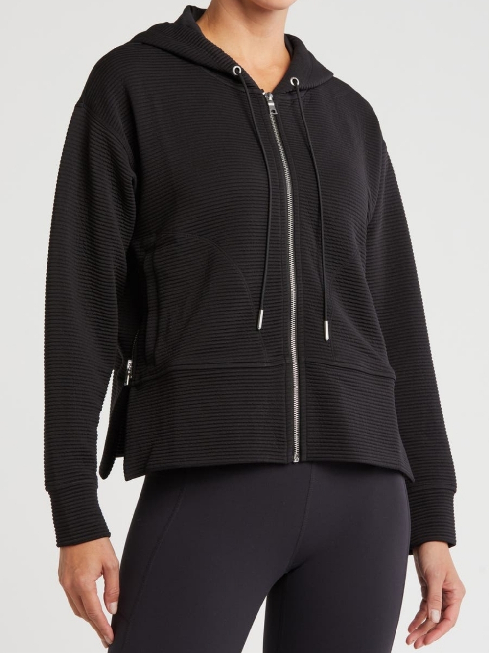 NWT DKNY Sport Ribbed Full Zip Hooded Jacket Black XL